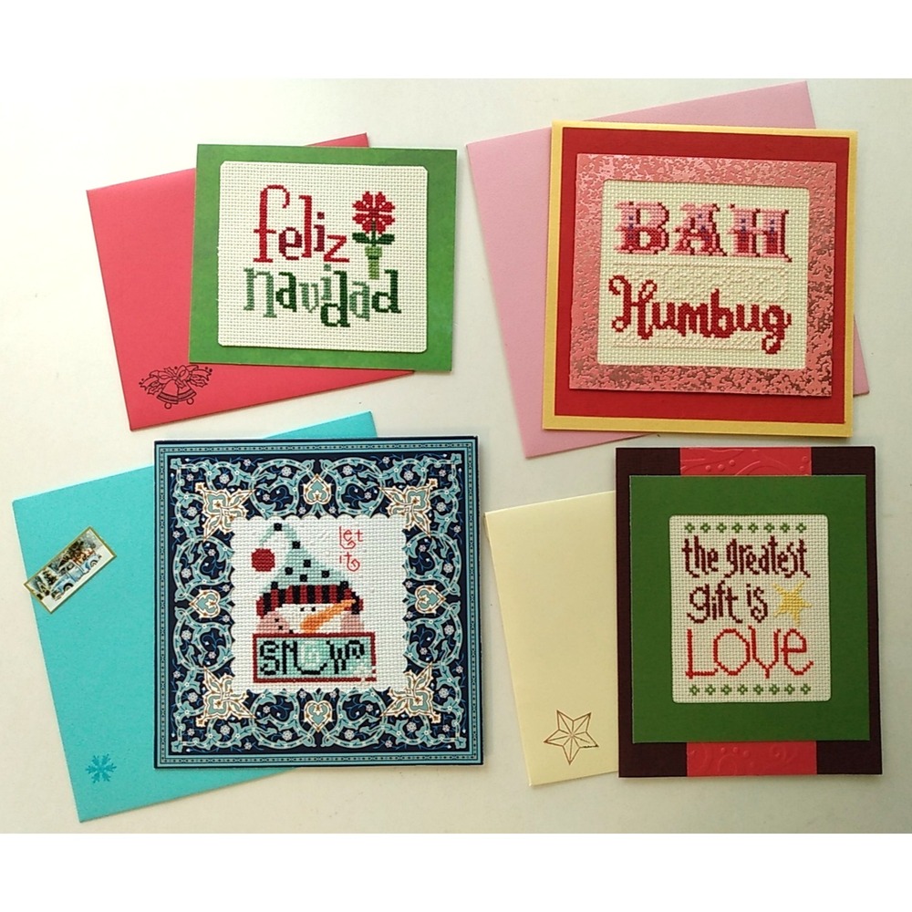 Lot of 4 Finished Cross Stitch Cards Christmas Holidays completed mail ready